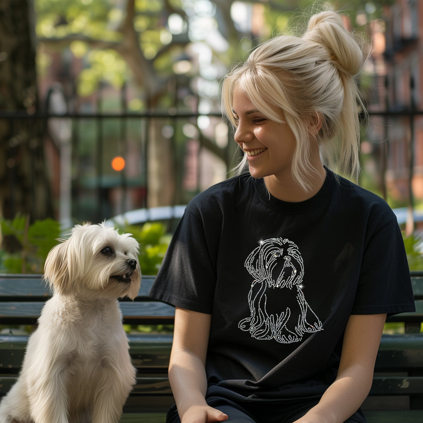 Shih Tzu Women's Short Sleeve t-shirt Black with Crystal Rhinestones