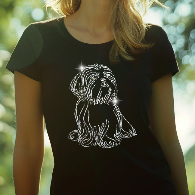 Shih Tzu Women's Short Sleeve t-shirt Black with Crystal Rhinestones