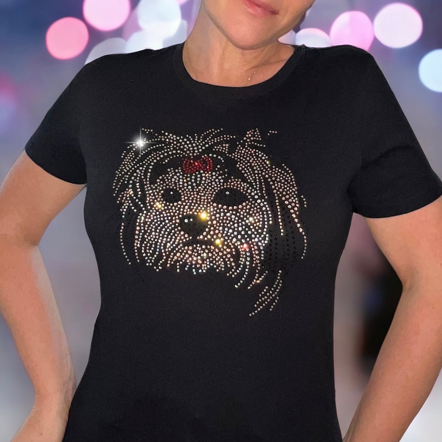 Yorkie Dog Women's Short Sleeve t-shirt Black with Crystal Rhinestones