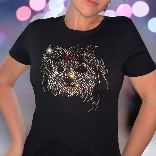 Yorkie Dog Women's Short Sleeve t-shirt Black with Crystal Rhinestones