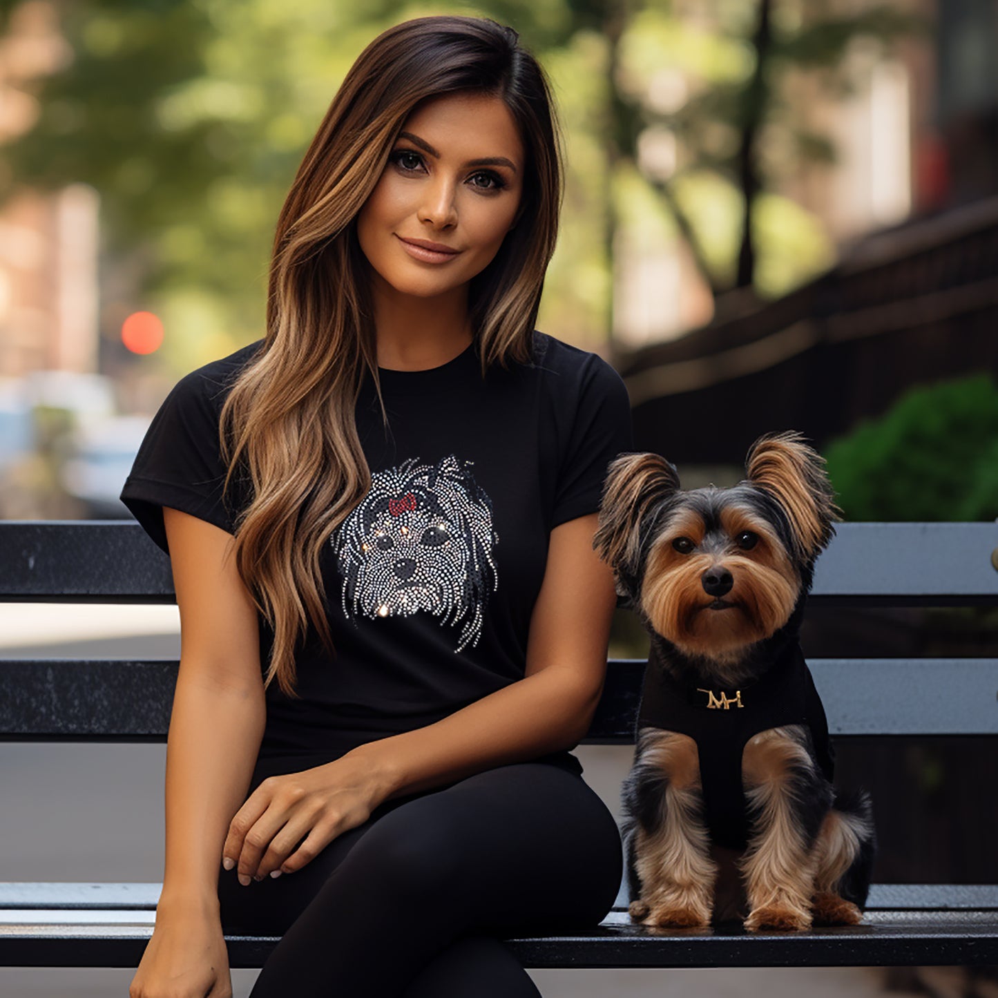Yorkie Dog Women's Short Sleeve t-shirt Black with Crystal Rhinestones