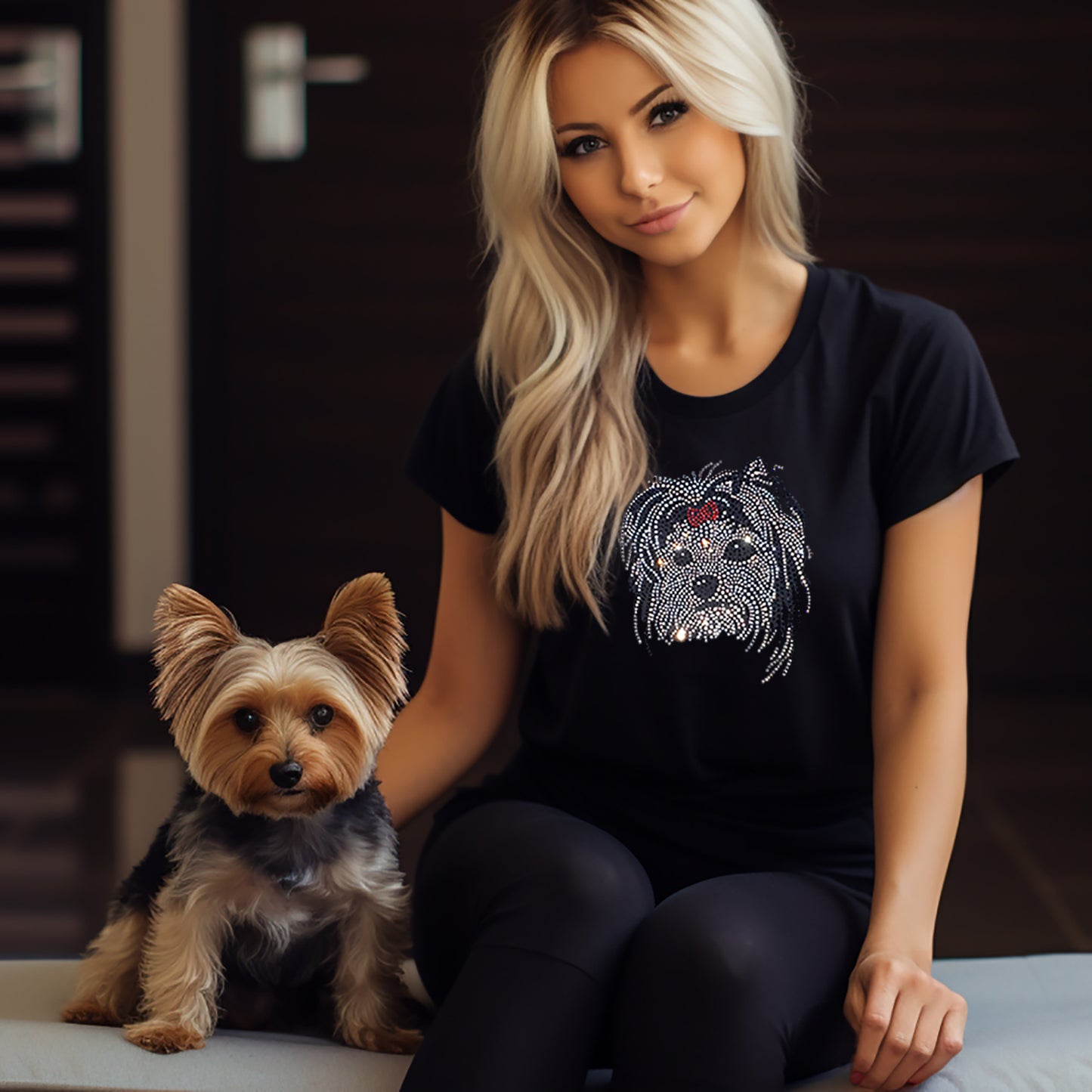 Yorkie Dog Women's Short Sleeve t-shirt Black with Crystal Rhinestones