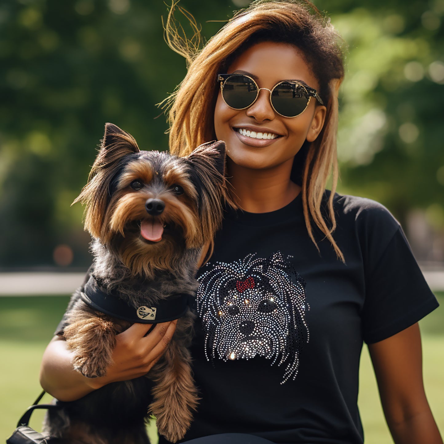 Yorkie Dog Women's Short Sleeve t-shirt Black with Crystal Rhinestones
