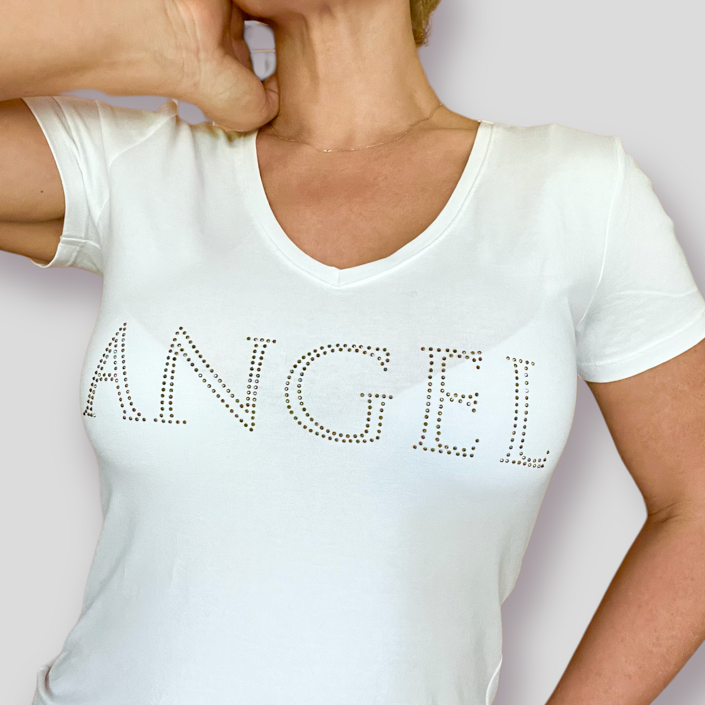 Women's ANGEL Short Sleeve t-shirt White with Gold rhinestones
