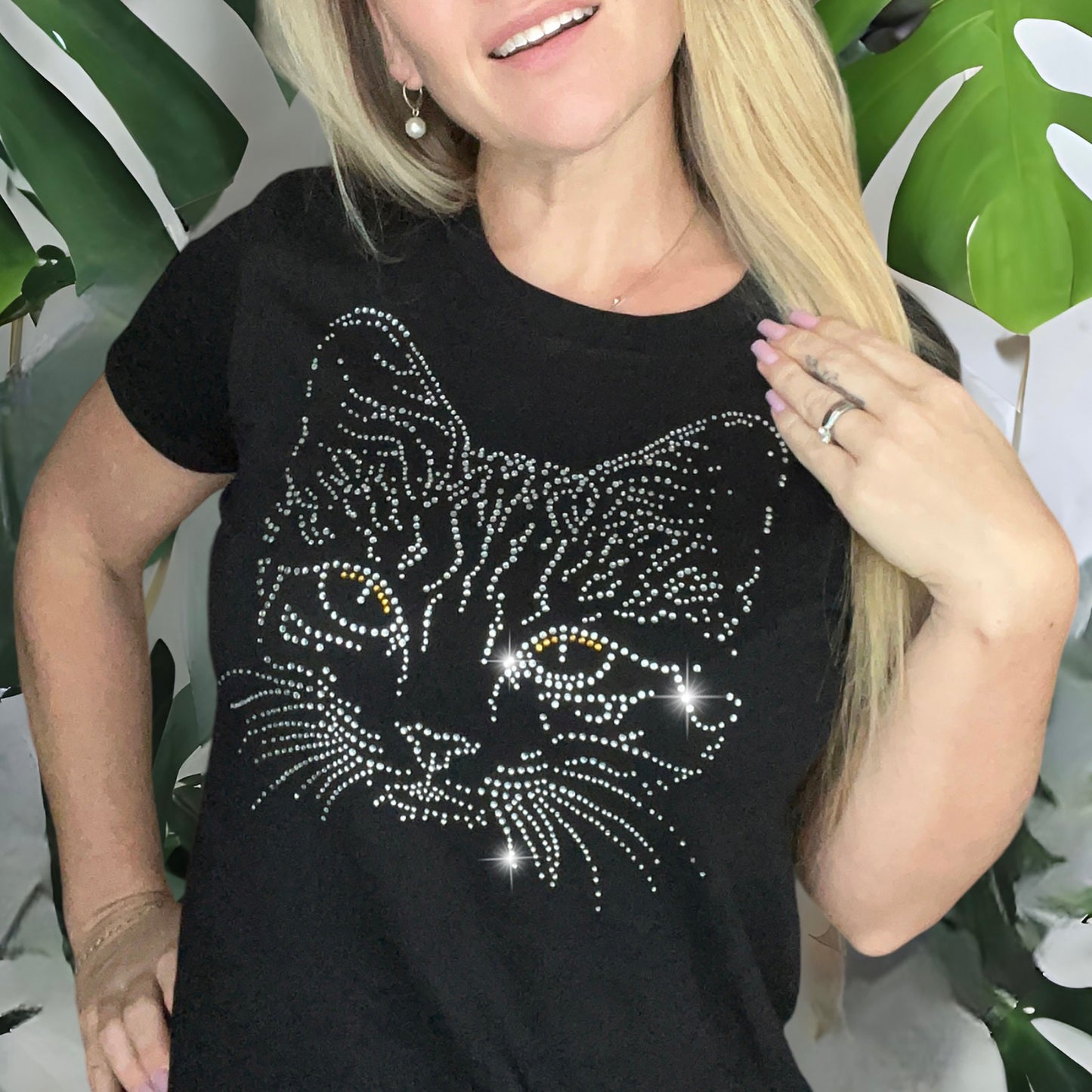 Women's CAT Short Sleeve t-shirt Black with Crystal Rhinestones