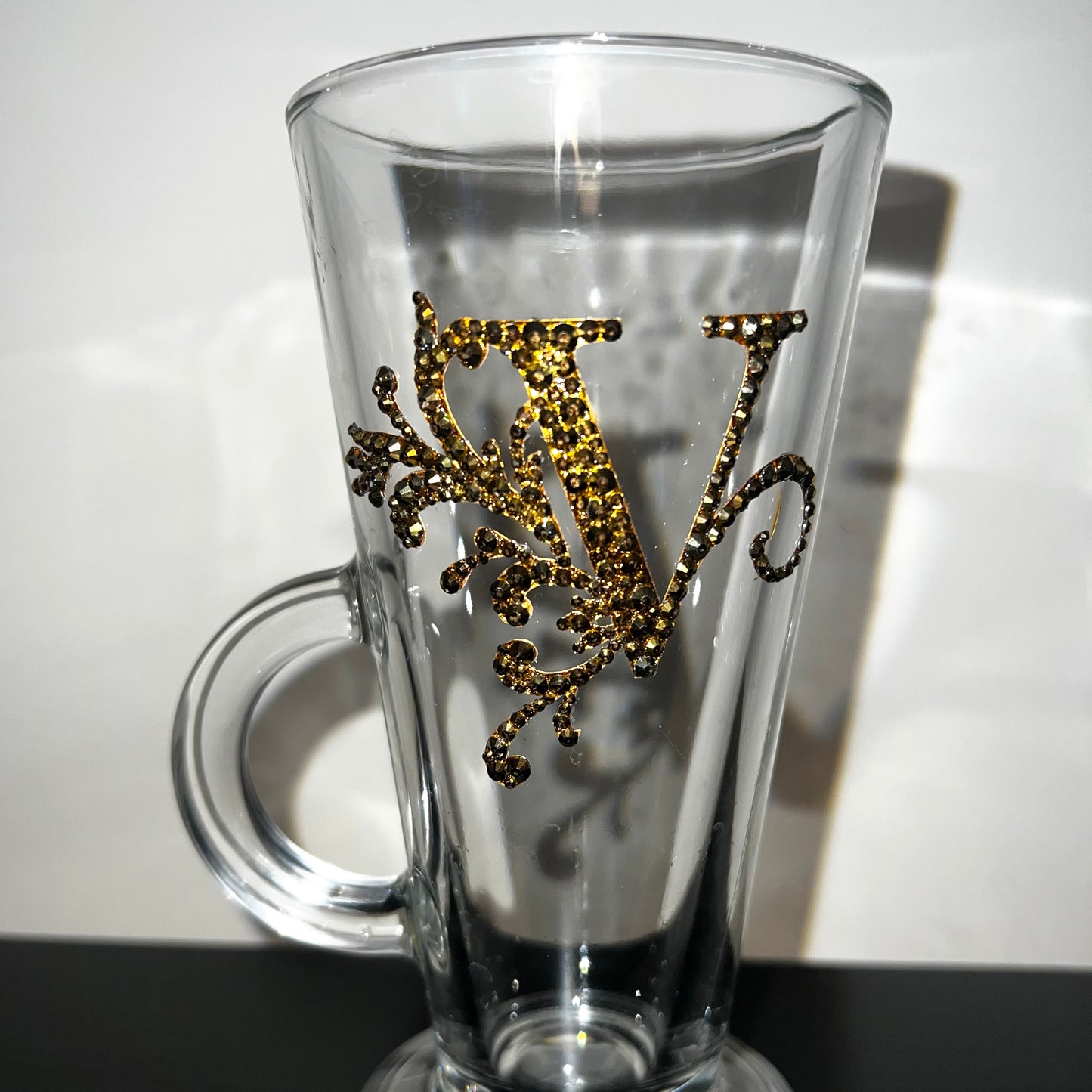 Personalised Latte Coffee Drink Glass Cup Monogram Rhinestones Letter
