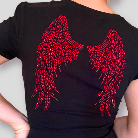 Women's DEMON Short Sleeve t-shirt Black with Red rhinestones