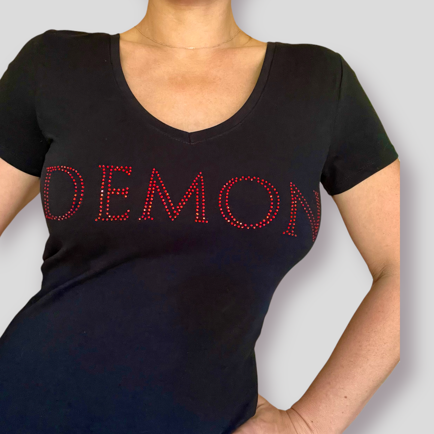 Women's DEMON Short Sleeve t-shirt Black with Red rhinestones