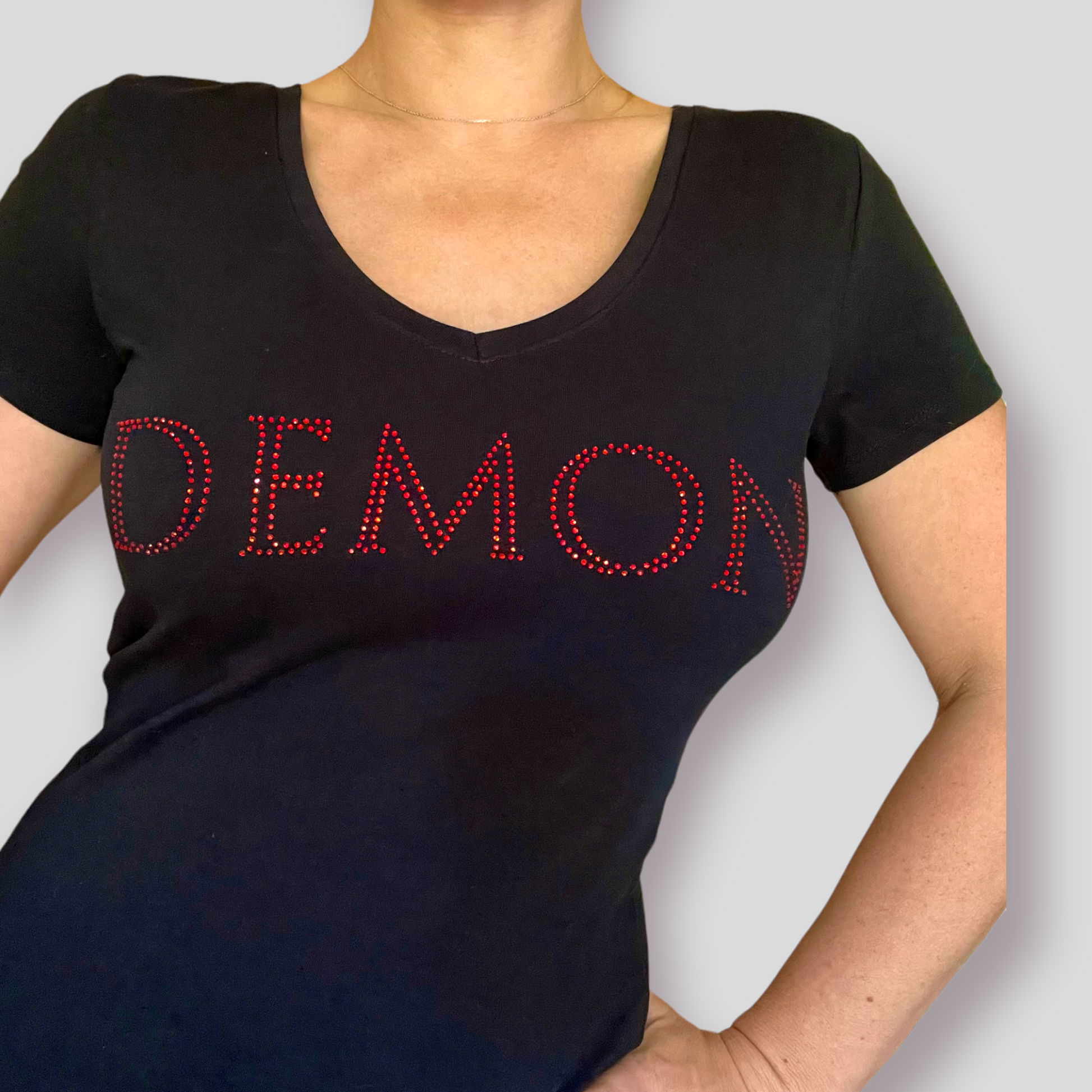 Women's DEMON Short Sleeve t-shirt Black with Red rhinestones