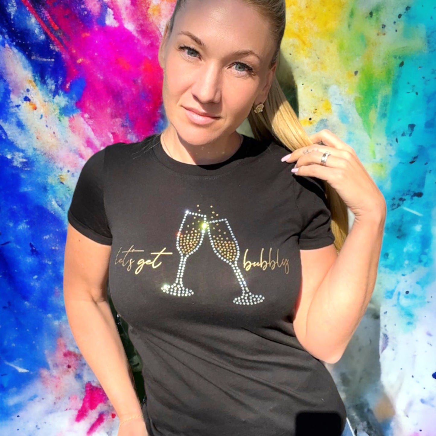 Women's Champagne Glasses Short Sleeve t-shirt Black with Crystal Rhinestones