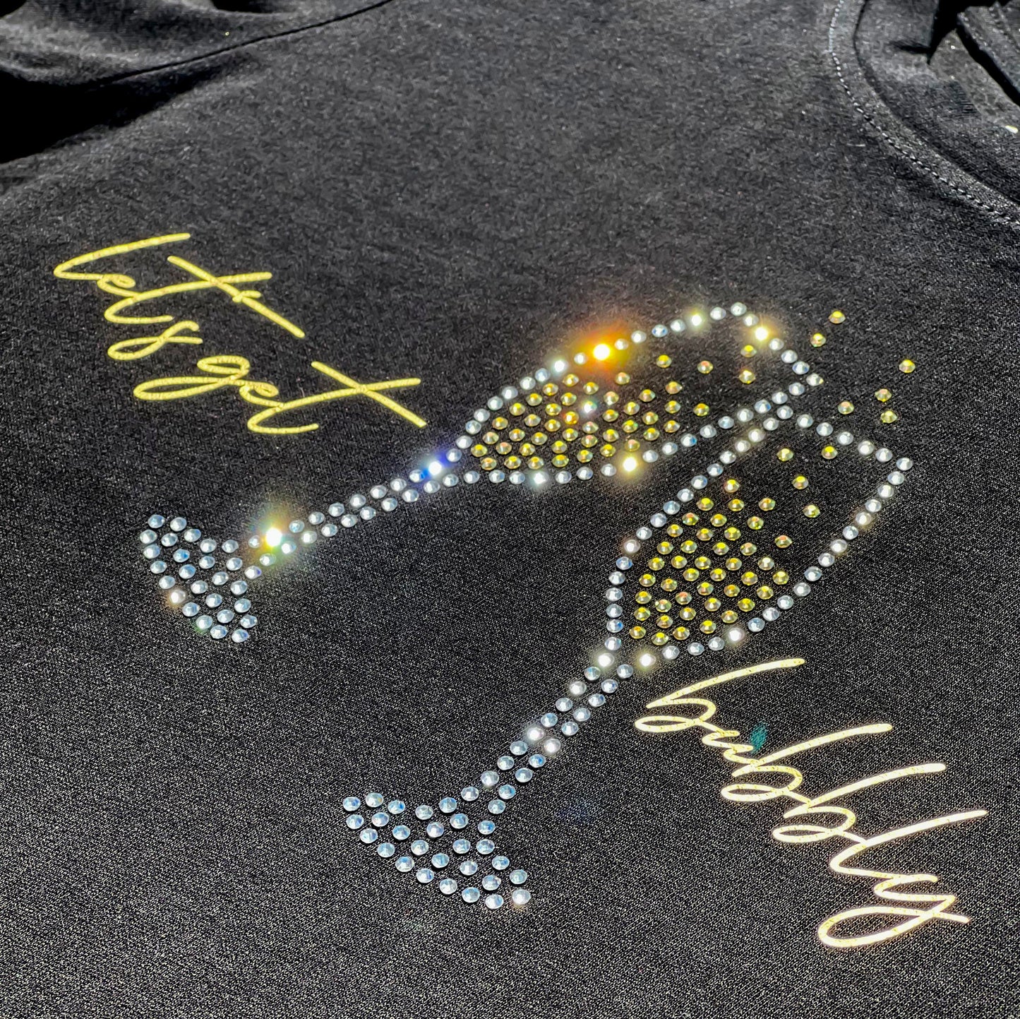 Women's Champagne Glasses Short Sleeve t-shirt Black with Crystal Rhinestones