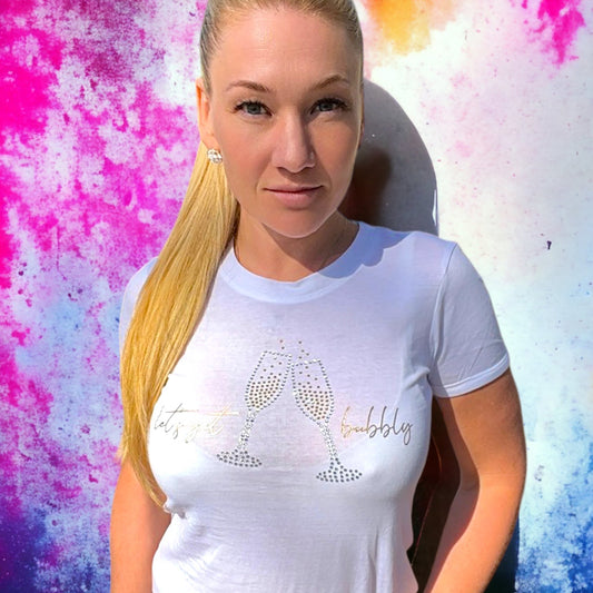 Women's Champagne Glasses Short Sleeve t-shirt White with Crystal Rhinestones