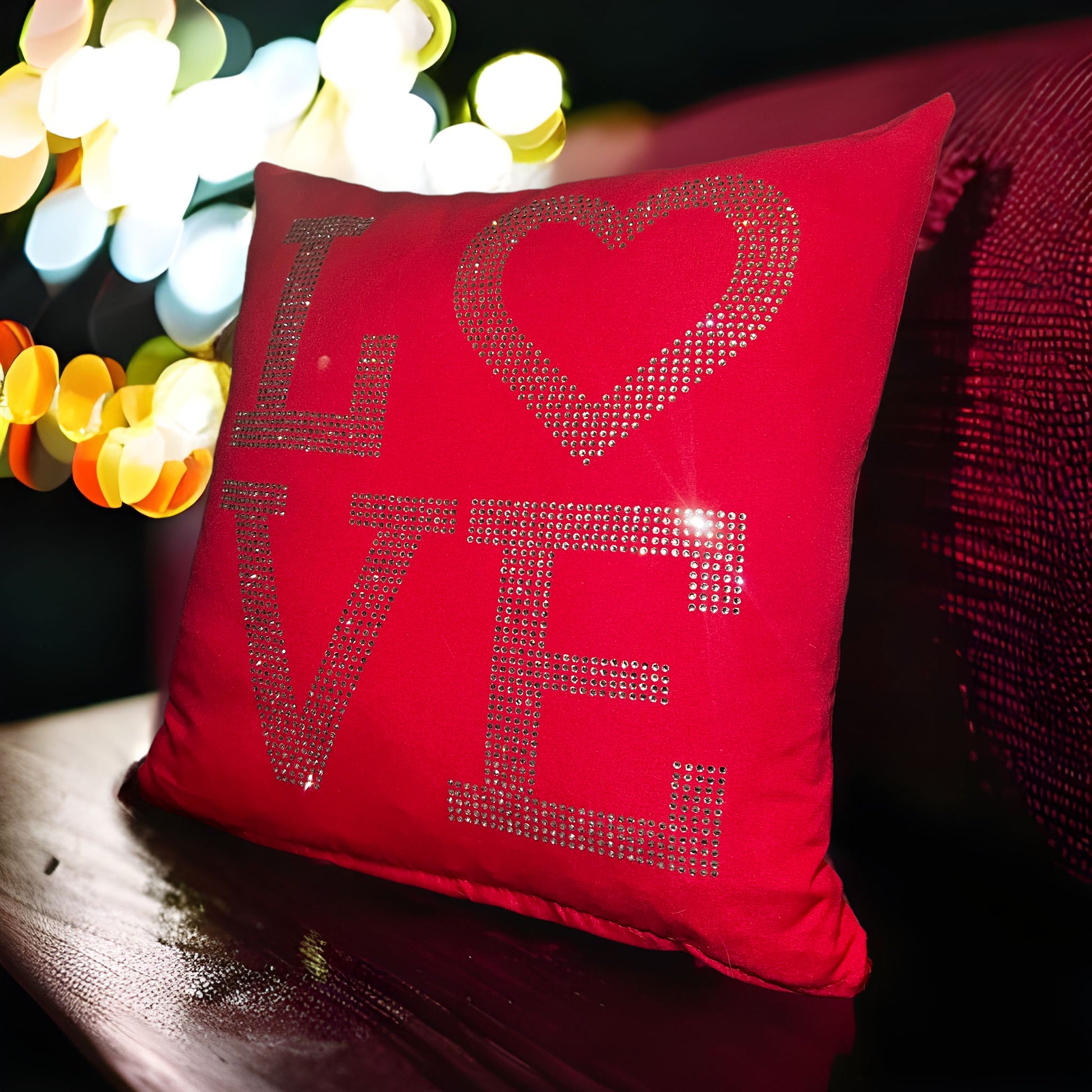 LOVE Pillow Case Rose Red with Crystal Rhinestones