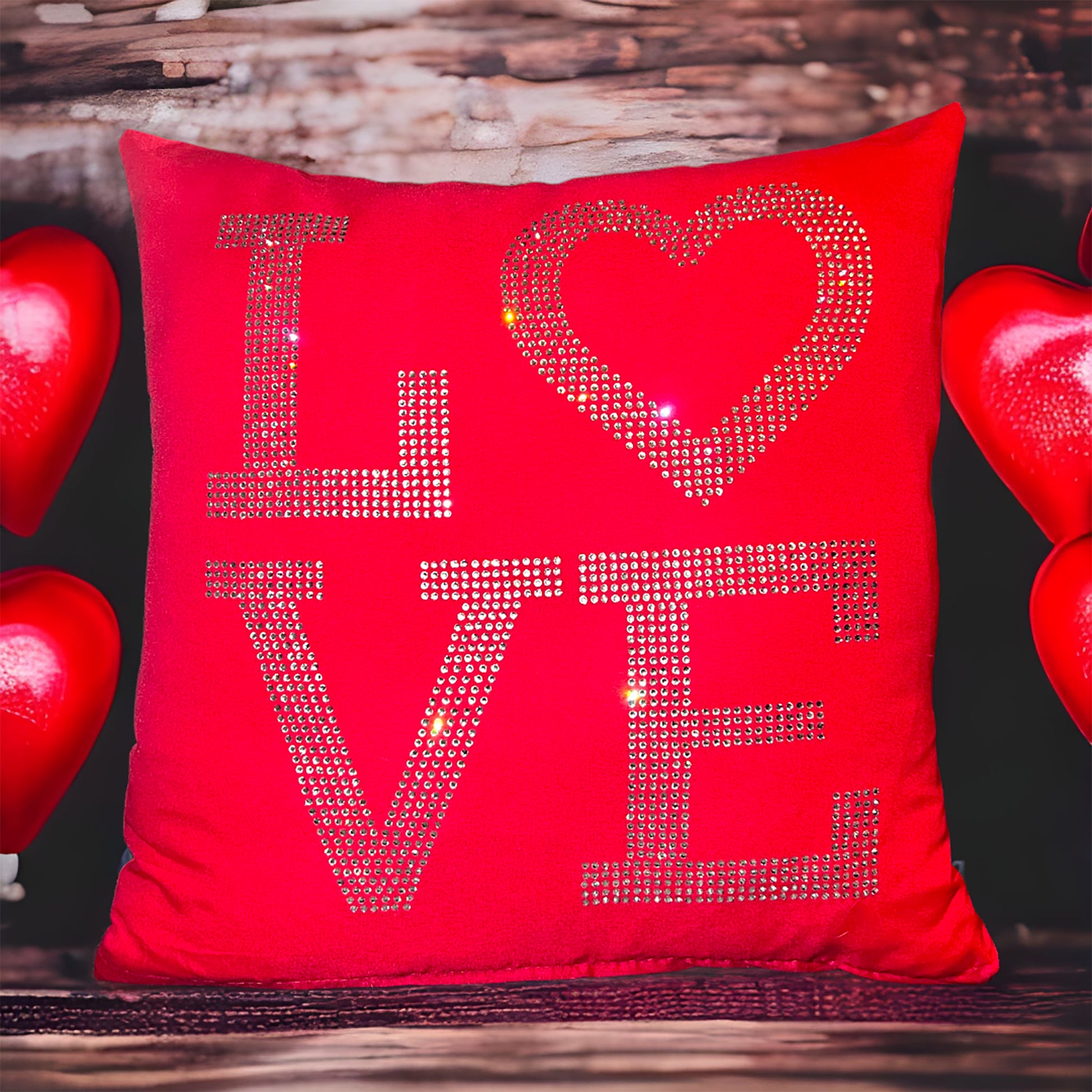 LOVE Pillow Case Rose Red with Crystal Rhinestones