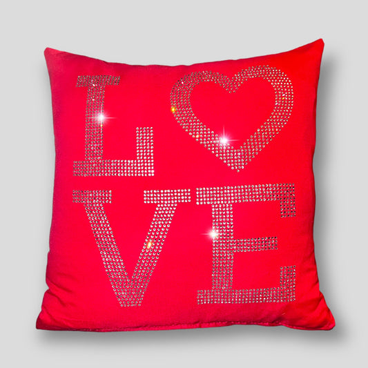 LOVE Pillow Case Rose Red with Crystal Rhinestones